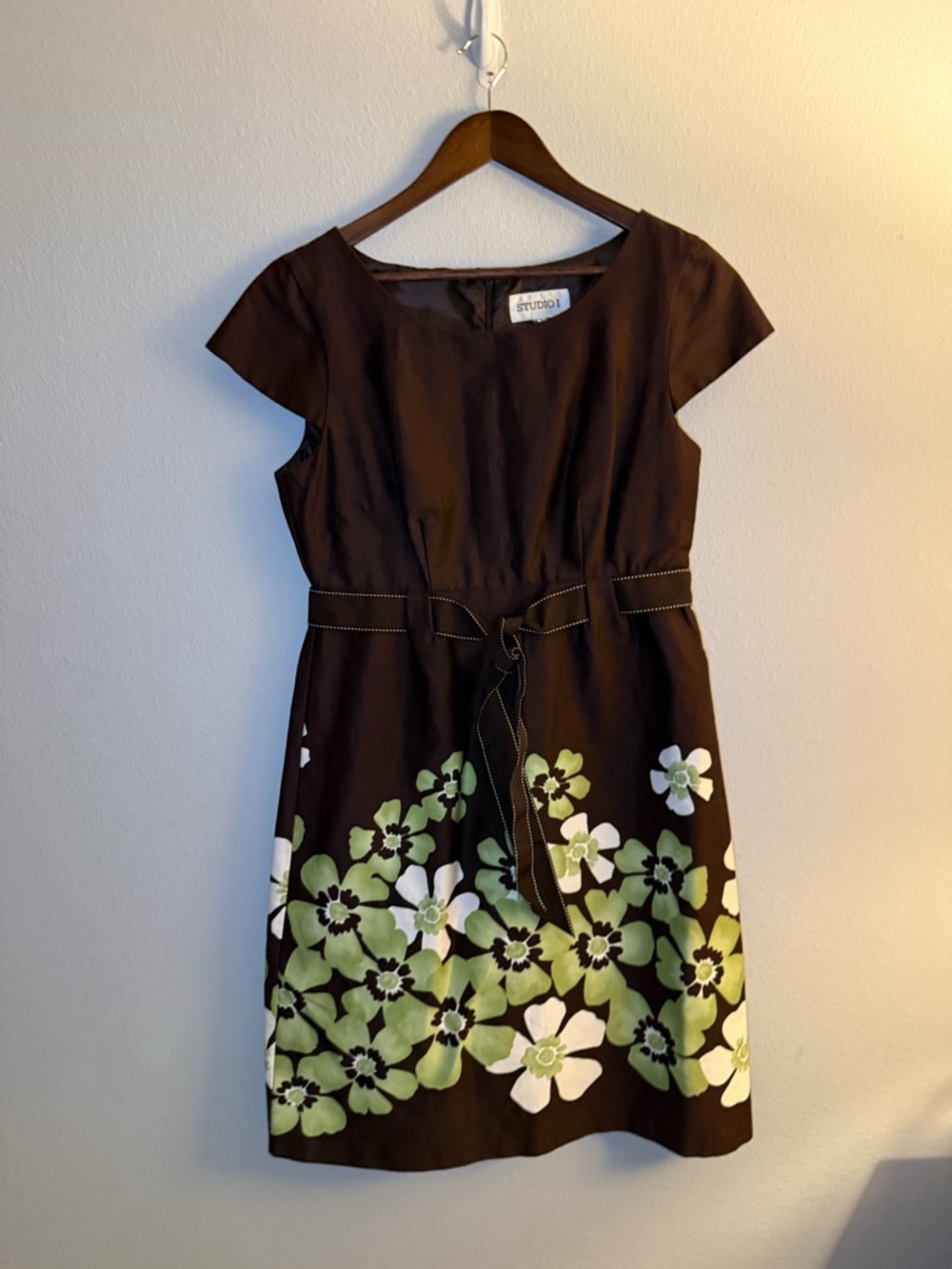 Studio I Brown Midi Dress with Green & White Floral Hem